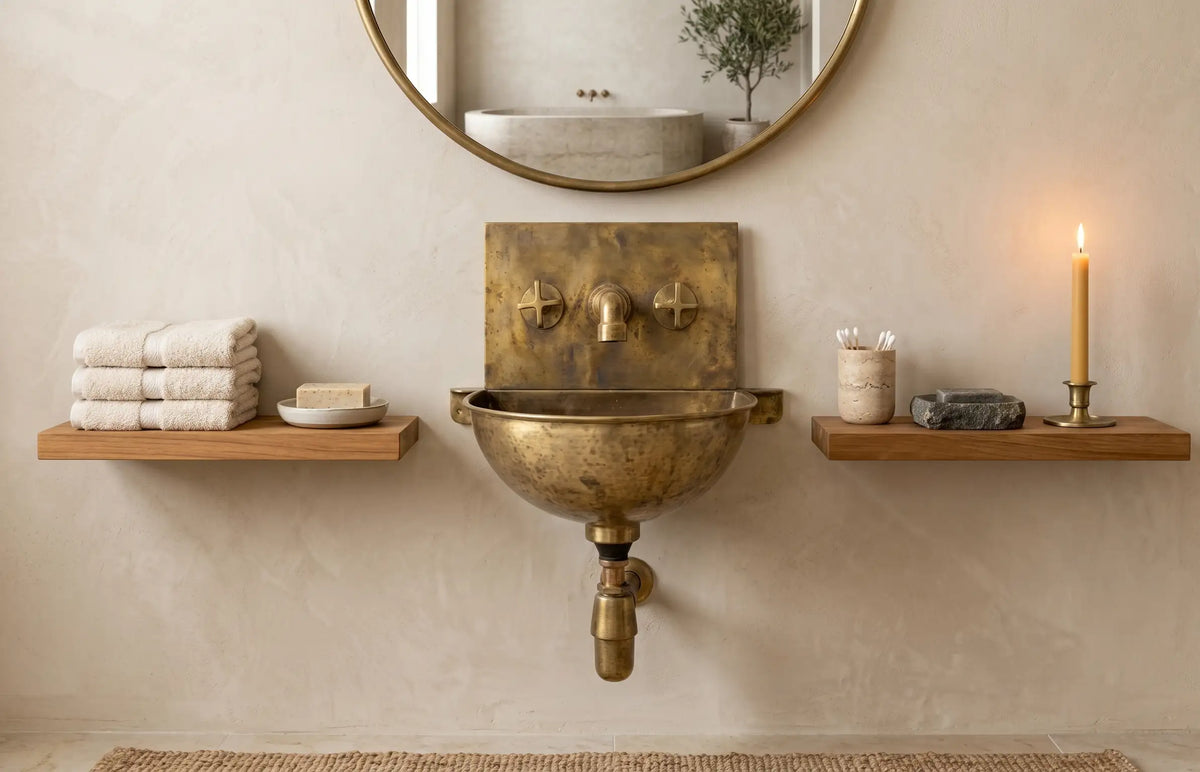 Unlacquered Brass Wall Sink – Hammered Bathroom Basin with Faucet