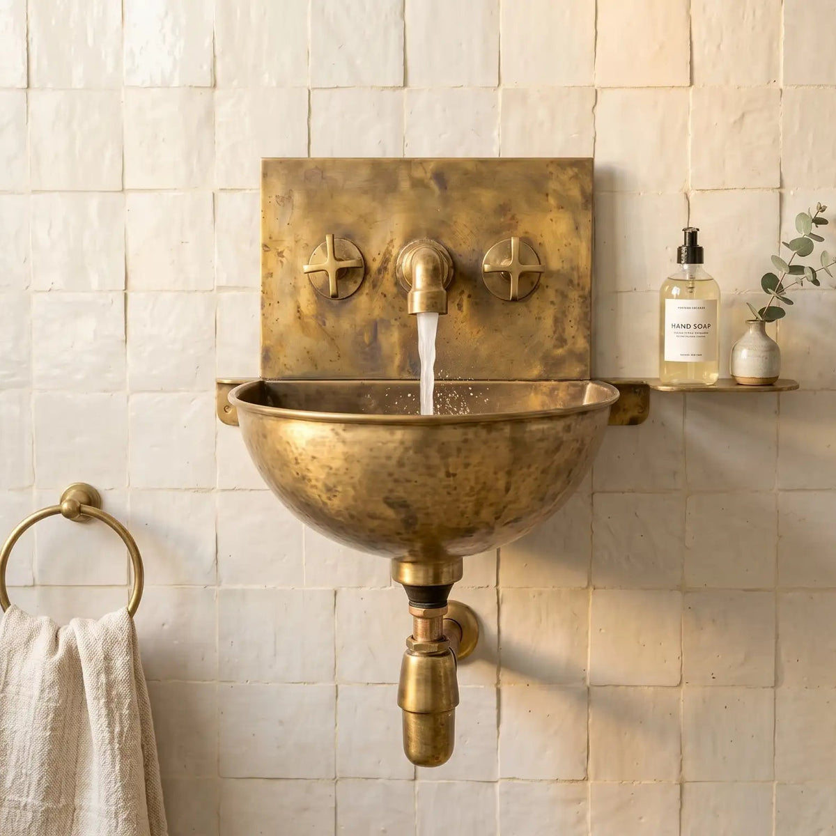 Unlacquered Brass Wall Sink – Hammered Bathroom Basin with Faucet